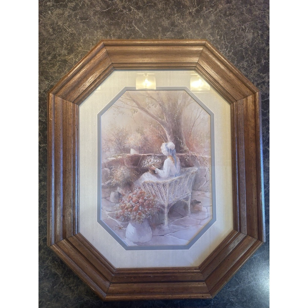 Vintage Octagon Garden Bench Framed HOMCO Blue Bonnet Art Girl White Wicker